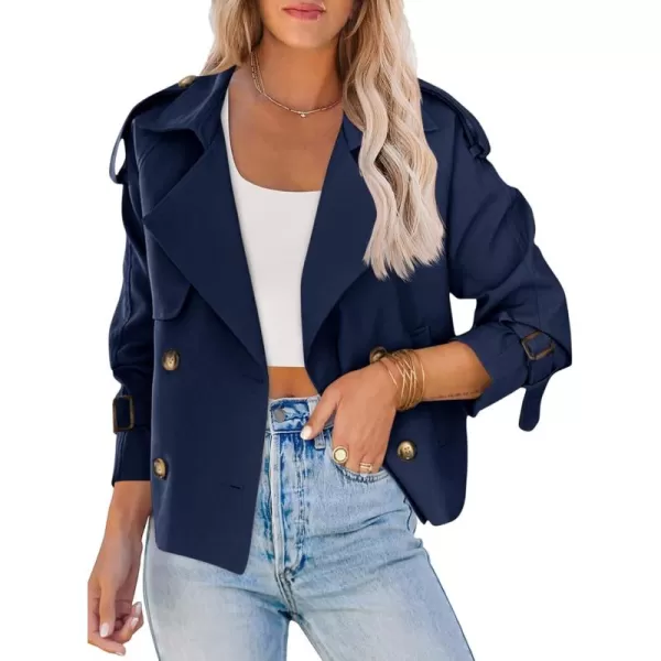 Saodimallsu Women Crop Double Breasted Trench Coat Raglan Sleeve Work Office Cropped Jacket With PocketsDark Blue