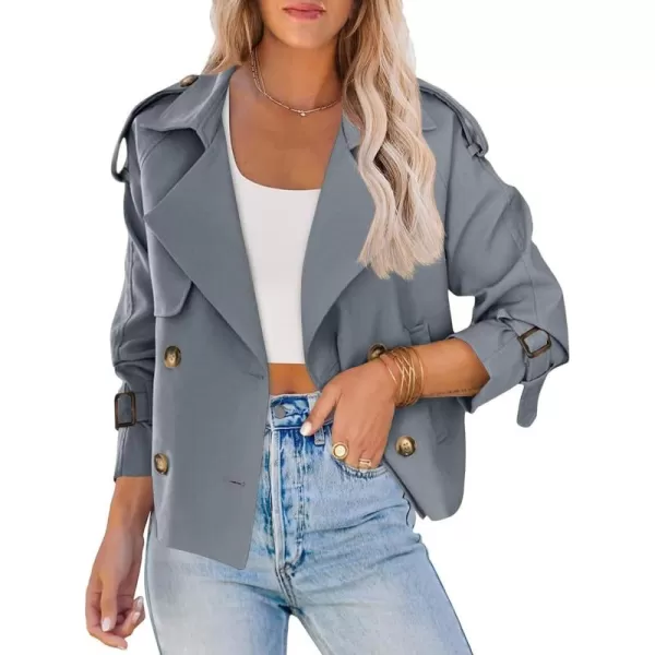 Saodimallsu Women Crop Double Breasted Trench Coat Raglan Sleeve Work Office Cropped Jacket With PocketsGrey