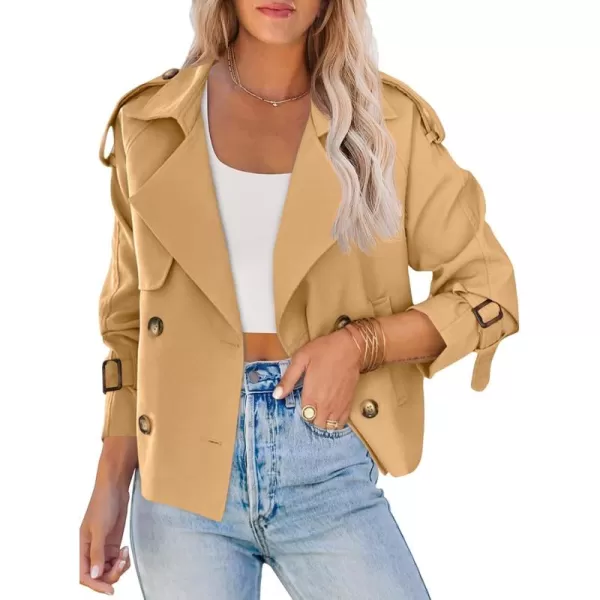 Saodimallsu Women Crop Double Breasted Trench Coat Raglan Sleeve Work Office Cropped Jacket With PocketsKhaki