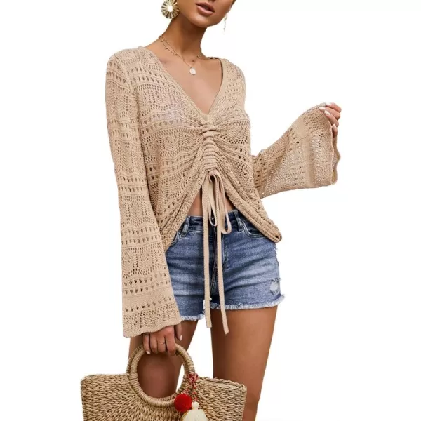 Saodimallsu Womens Boho Off Shoulder Sheer Crop Tops Bell Sleeve Flowy Oversized Crochet Ruched Pullover SweatersApricot