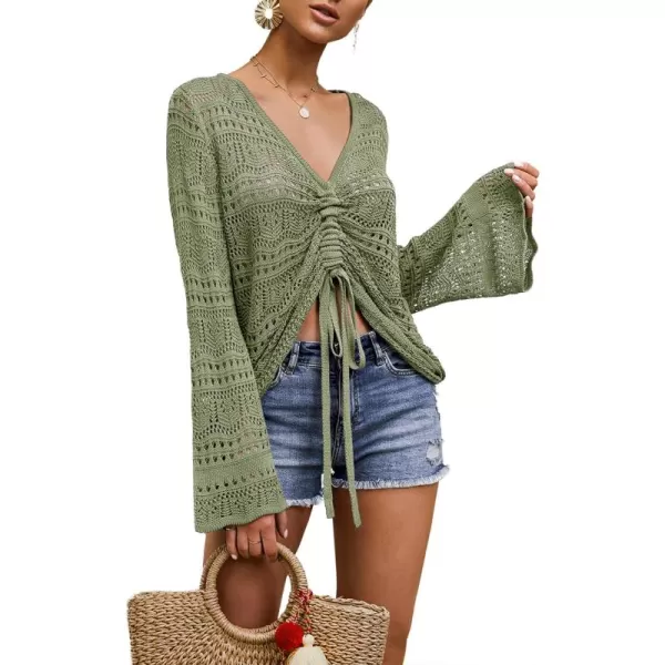 Saodimallsu Womens Boho Off Shoulder Sheer Crop Tops Bell Sleeve Flowy Oversized Crochet Ruched Pullover SweatersArmy Green