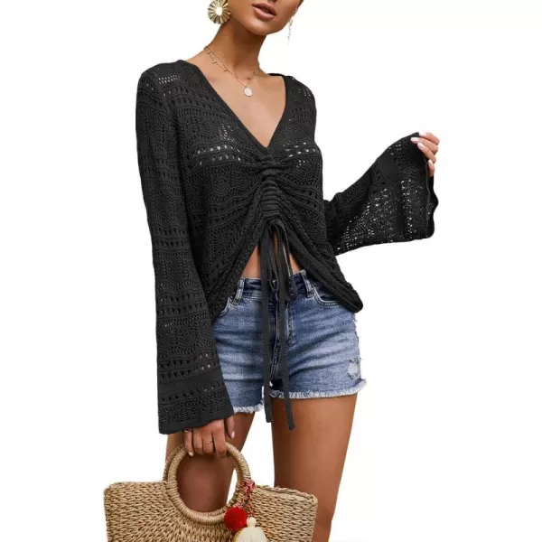 Saodimallsu Womens Boho Off Shoulder Sheer Crop Tops Bell Sleeve Flowy Oversized Crochet Ruched Pullover SweatersBlack