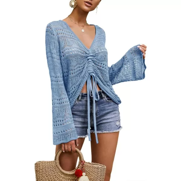 Saodimallsu Womens Boho Off Shoulder Sheer Crop Tops Bell Sleeve Flowy Oversized Crochet Ruched Pullover SweatersBlue