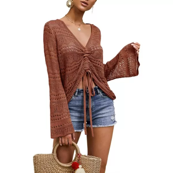 Saodimallsu Womens Boho Off Shoulder Sheer Crop Tops Bell Sleeve Flowy Oversized Crochet Ruched Pullover SweatersBrick Red