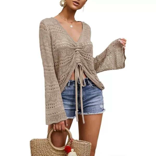 Saodimallsu Womens Boho Off Shoulder Sheer Crop Tops Bell Sleeve Flowy Oversized Crochet Ruched Pullover SweatersDark Khaki