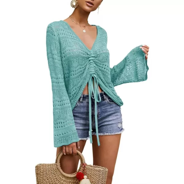 Saodimallsu Womens Boho Off Shoulder Sheer Crop Tops Bell Sleeve Flowy Oversized Crochet Ruched Pullover SweatersGreen