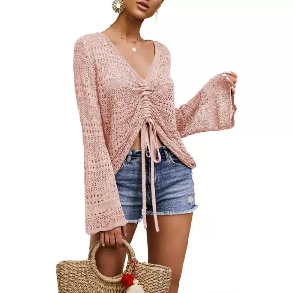 Saodimallsu Womens Boho Off Shoulder Sheer Crop Tops Bell Sleeve Flowy Oversized Crochet Ruched Pullover SweatersLight Pink