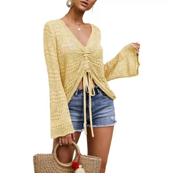 Saodimallsu Womens Boho Off Shoulder Sheer Crop Tops Bell Sleeve Flowy Oversized Crochet Ruched Pullover SweatersLight Yellow 1