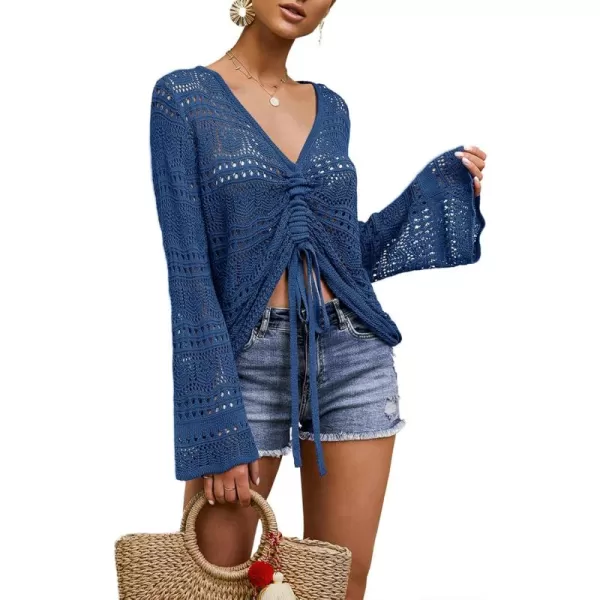 Saodimallsu Womens Boho Off Shoulder Sheer Crop Tops Bell Sleeve Flowy Oversized Crochet Ruched Pullover SweatersNavy