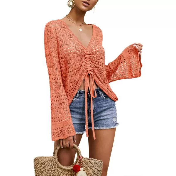 Saodimallsu Womens Boho Off Shoulder Sheer Crop Tops Bell Sleeve Flowy Oversized Crochet Ruched Pullover SweatersOrange