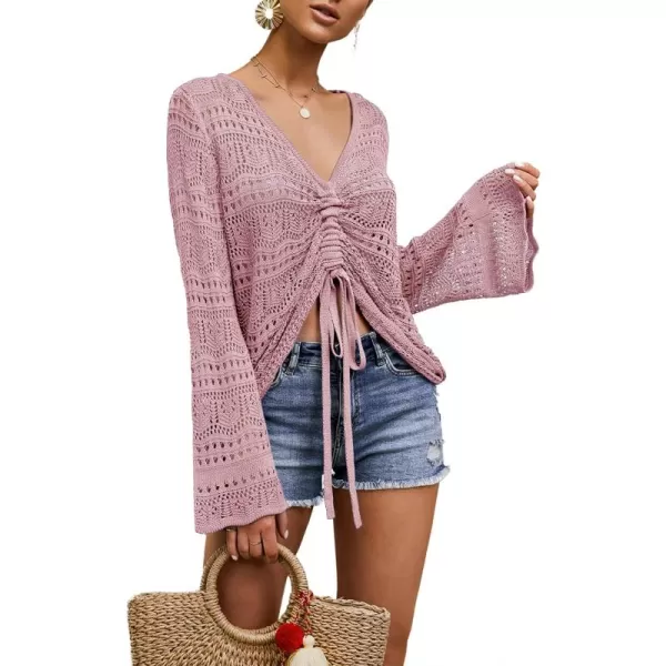 Saodimallsu Womens Boho Off Shoulder Sheer Crop Tops Bell Sleeve Flowy Oversized Crochet Ruched Pullover SweatersPink