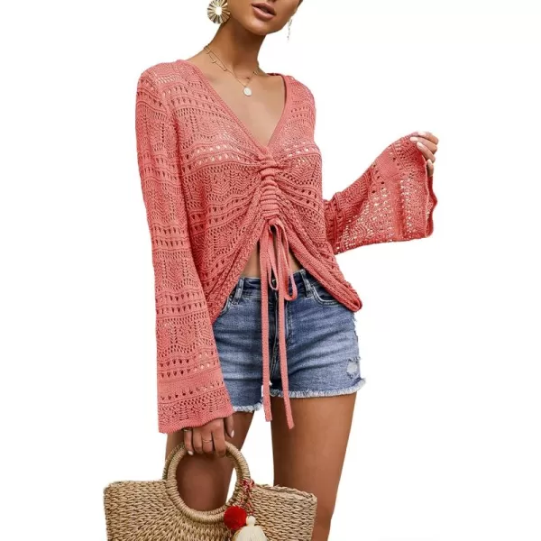 Saodimallsu Womens Boho Off Shoulder Sheer Crop Tops Bell Sleeve Flowy Oversized Crochet Ruched Pullover SweatersRed