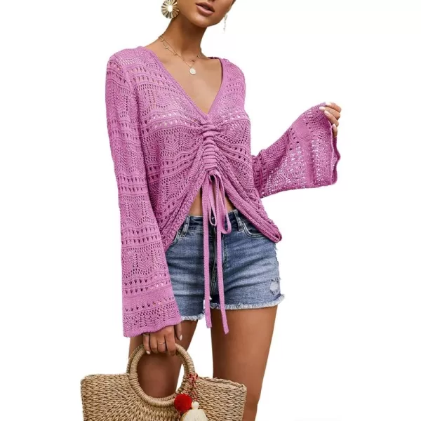 Saodimallsu Womens Boho Off Shoulder Sheer Crop Tops Bell Sleeve Flowy Oversized Crochet Ruched Pullover SweatersRose