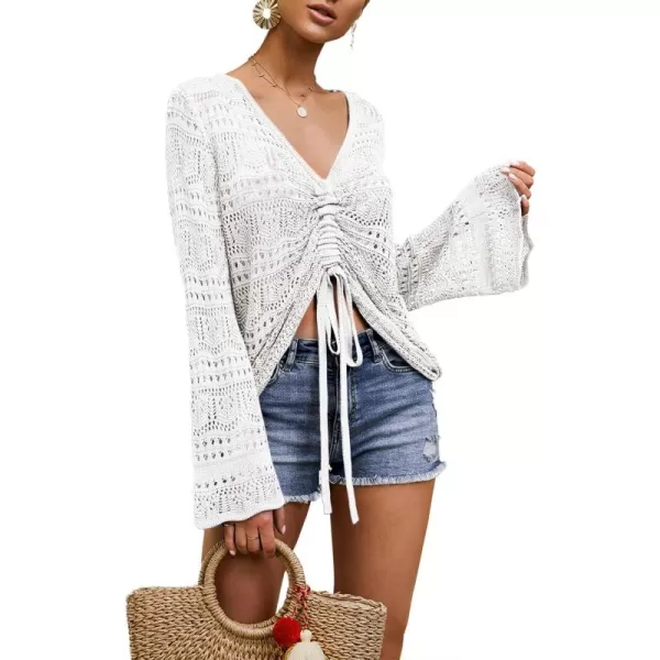 Saodimallsu Womens Boho Off Shoulder Sheer Crop Tops Bell Sleeve Flowy Oversized Crochet Ruched Pullover SweatersWhite