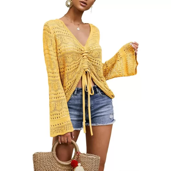 Saodimallsu Womens Boho Off Shoulder Sheer Crop Tops Bell Sleeve Flowy Oversized Crochet Ruched Pullover SweatersYellow