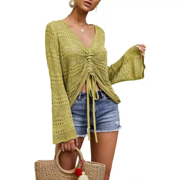 Saodimallsu Womens Boho Off Shoulder Sheer Crop Tops Bell Sleeve Flowy Oversized Crochet Ruched Pullover SweatersYellow Green