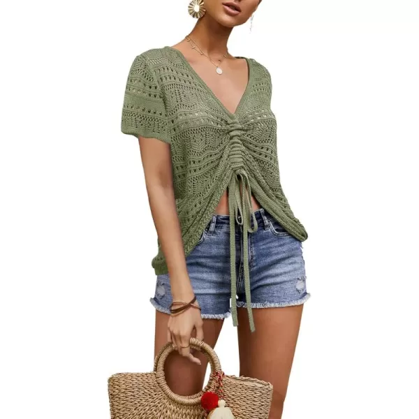 Saodimallsu Womens Boho Off Shoulder Sheer Crop Tops Bell Sleeve Flowy Oversized Crochet Ruched Pullover SweatersZ1 Army Green