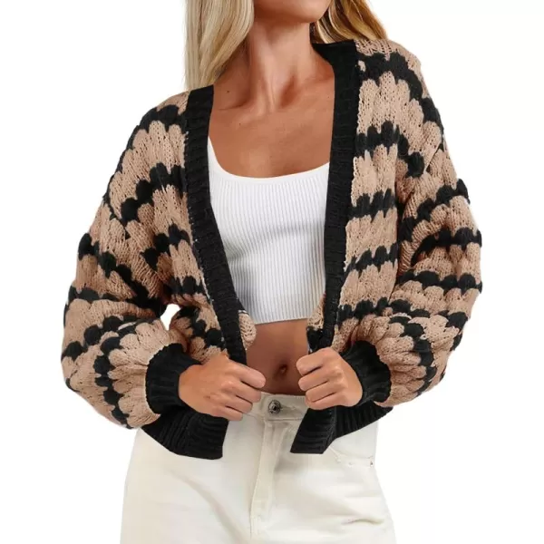 Saodimallsu Womens Cropped Cardigan Striped Open Front Long Lantern Sleeve Color Block Loose Chunky Knit Sweater CoatBrown