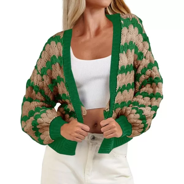 Saodimallsu Womens Cropped Cardigan Striped Open Front Long Lantern Sleeve Color Block Loose Chunky Knit Sweater CoatGreen