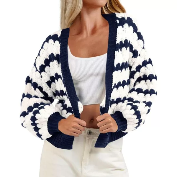 Saodimallsu Womens Cropped Cardigan Striped Open Front Long Lantern Sleeve Color Block Loose Chunky Knit Sweater CoatNavy