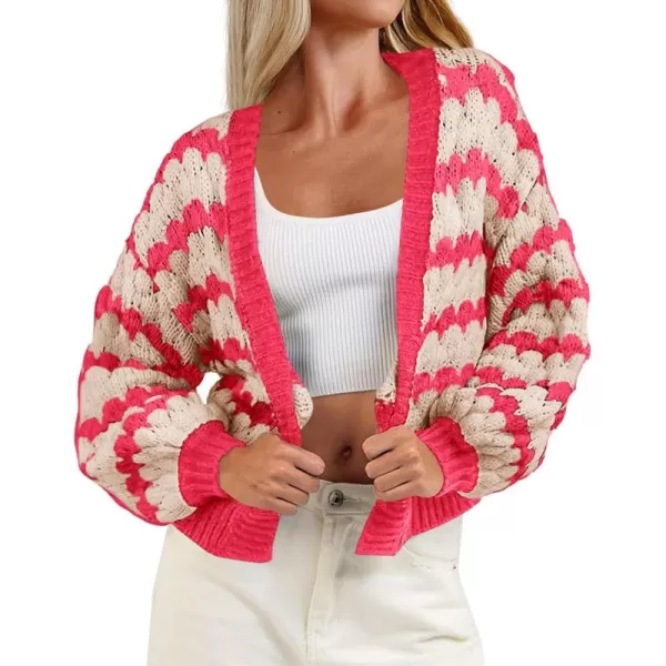 Saodimallsu Womens Cropped Cardigan Striped Open Front Long Lantern Sleeve Color Block Loose Chunky Knit Sweater CoatRose