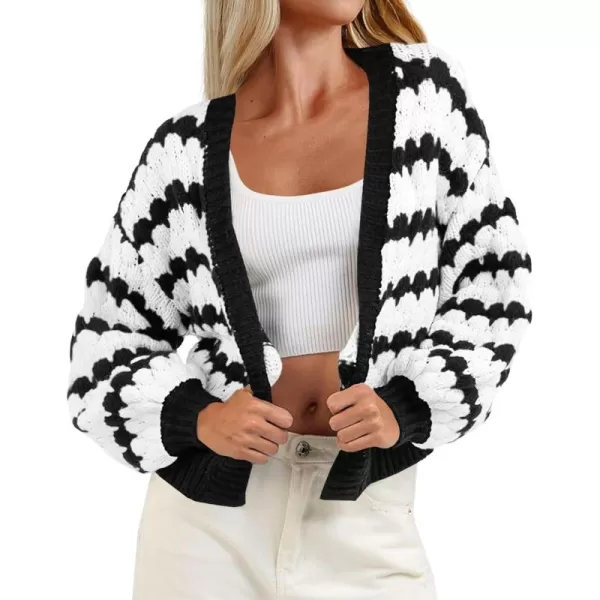 Saodimallsu Womens Cropped Cardigan Striped Open Front Long Lantern Sleeve Color Block Loose Chunky Knit Sweater CoatWhite