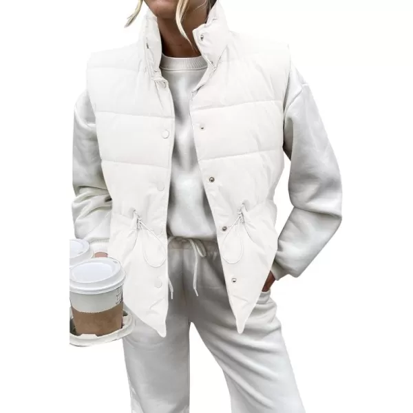 Saodimallsu Womens Puffer Vest Stand Collar Button Down Padded Jacket with Drawstring WaistWhite