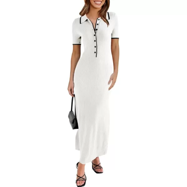 Saodimallsu Womens Short Sleeve Maxi Dress Summer Bodycon Button V Neck Collared Knit Elegant Party Long Sweater DressesWhite