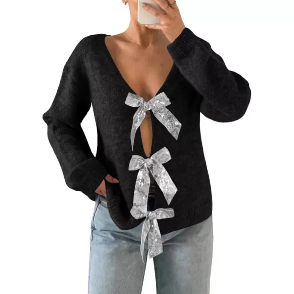 Saodimallsu Womens V Neck Long Sleeve Sweater Fall Trendy Sequin Bow Cropped Sexy Loose Knit Pullover Jumper TopsBlack