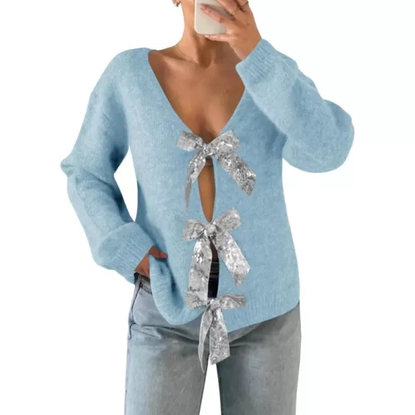 Saodimallsu Womens V Neck Long Sleeve Sweater Fall Trendy Sequin Bow Cropped Sexy Loose Knit Pullover Jumper TopsLight Blue