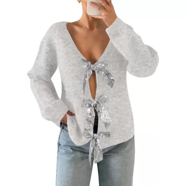 Saodimallsu Womens V Neck Long Sleeve Sweater Fall Trendy Sequin Bow Cropped Sexy Loose Knit Pullover Jumper TopsLight Grey