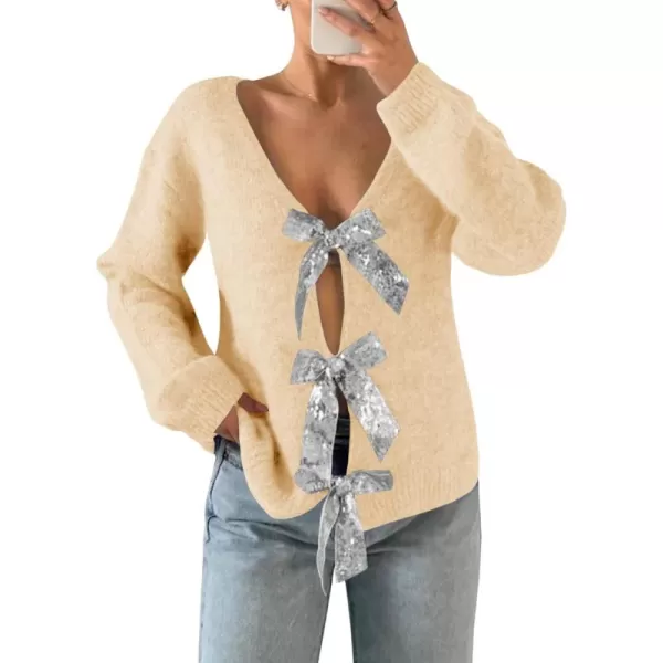 Saodimallsu Womens V Neck Long Sleeve Sweater Fall Trendy Sequin Bow Cropped Sexy Loose Knit Pullover Jumper TopsLight Khaki