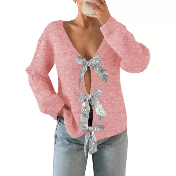 Saodimallsu Womens V Neck Long Sleeve Sweater Fall Trendy Sequin Bow Cropped Sexy Loose Knit Pullover Jumper TopsPink