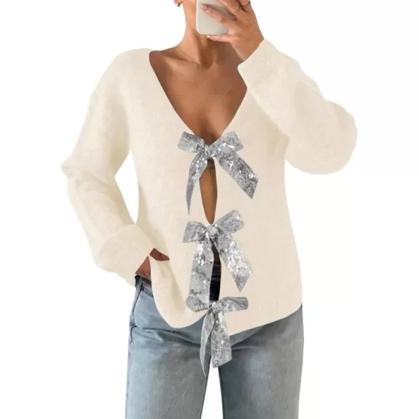 Saodimallsu Womens V Neck Long Sleeve Sweater Fall Trendy Sequin Bow Cropped Sexy Loose Knit Pullover Jumper TopsWhite