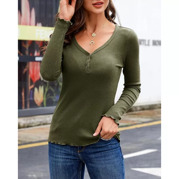 Saodimallsu Womens Henley Shirts Long Sleeve V Neck Button Down Casual Plain T Shirt Tops Blouse TeeArmy Green