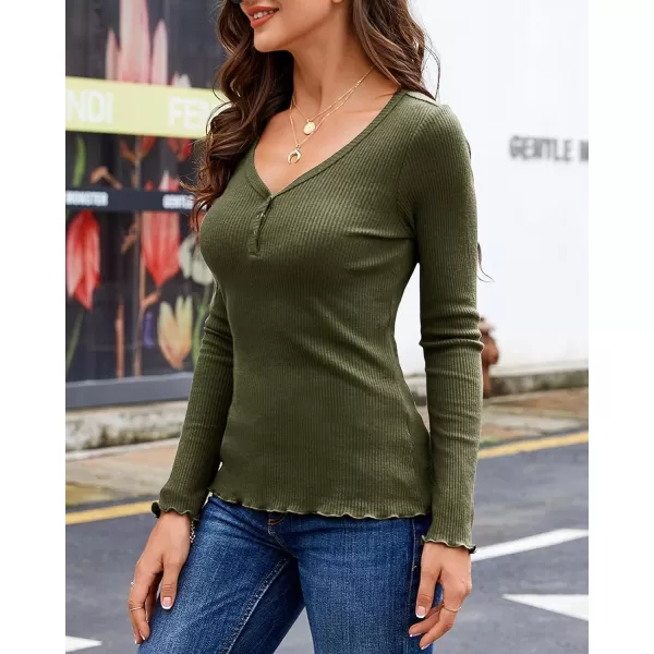 Saodimallsu Womens Henley Shirts Long Sleeve V Neck Button Down Casual Plain T Shirt Tops Blouse TeeArmy Green