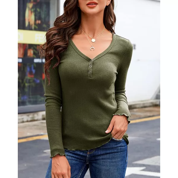 Saodimallsu Womens Henley Shirts Long Sleeve V Neck Button Down Casual Plain T Shirt Tops Blouse TeeArmy Green