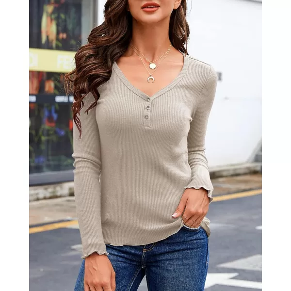 Saodimallsu Womens Henley Shirts Long Sleeve V Neck Button Down Casual Plain T Shirt Tops Blouse TeeBeige