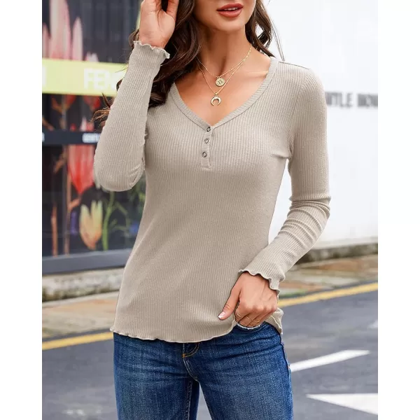 Saodimallsu Womens Henley Shirts Long Sleeve V Neck Button Down Casual Plain T Shirt Tops Blouse TeeBeige