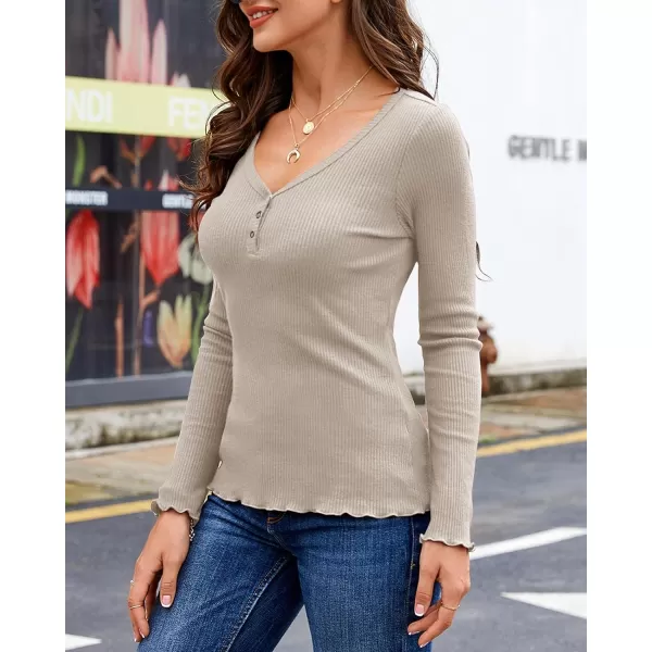 Saodimallsu Womens Henley Shirts Long Sleeve V Neck Button Down Casual Plain T Shirt Tops Blouse TeeBeige