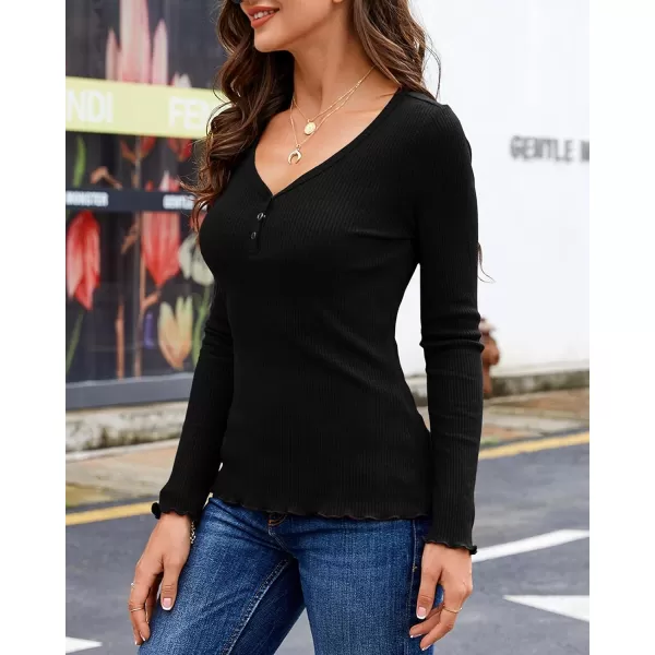 Saodimallsu Womens Henley Shirts Long Sleeve V Neck Button Down Casual Plain T Shirt Tops Blouse TeeBlack