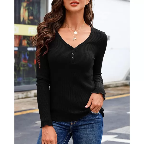 Saodimallsu Womens Henley Shirts Long Sleeve V Neck Button Down Casual Plain T Shirt Tops Blouse TeeBlack