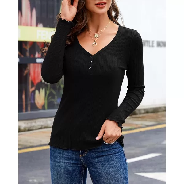 Saodimallsu Womens Henley Shirts Long Sleeve V Neck Button Down Casual Plain T Shirt Tops Blouse TeeBlack