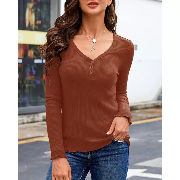 Saodimallsu Womens Henley Shirts Long Sleeve V Neck Button Down Casual Plain T Shirt Tops Blouse TeeBrick Red