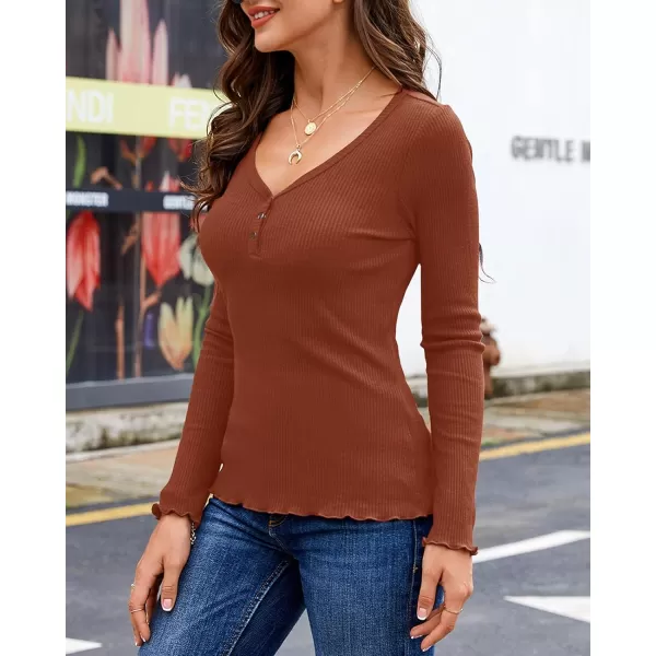 Saodimallsu Womens Henley Shirts Long Sleeve V Neck Button Down Casual Plain T Shirt Tops Blouse TeeBrick Red