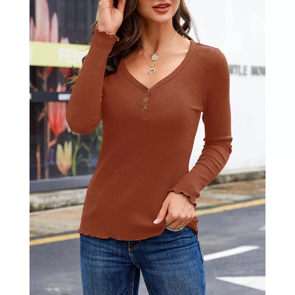 Saodimallsu Womens Henley Shirts Long Sleeve V Neck Button Down Casual Plain T Shirt Tops Blouse TeeBrick Red