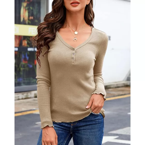 Saodimallsu Womens Henley Shirts Long Sleeve V Neck Button Down Casual Plain T Shirt Tops Blouse TeeDark Khaki