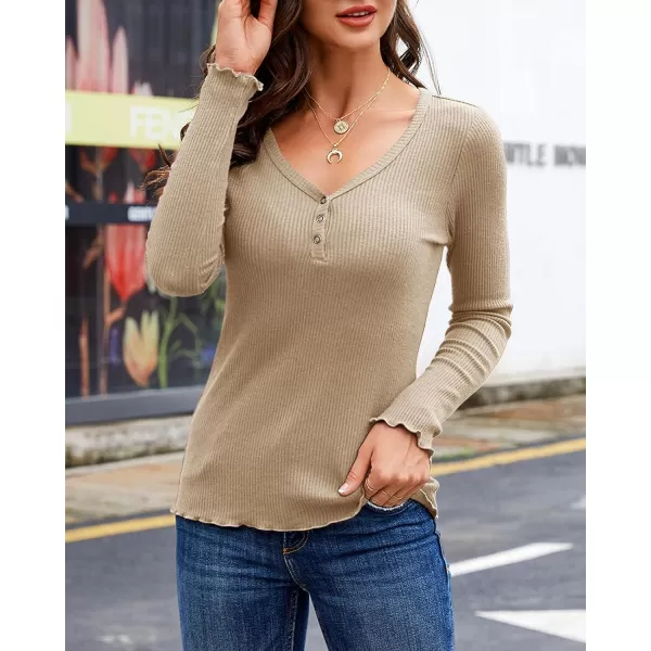 Saodimallsu Womens Henley Shirts Long Sleeve V Neck Button Down Casual Plain T Shirt Tops Blouse TeeDark Khaki