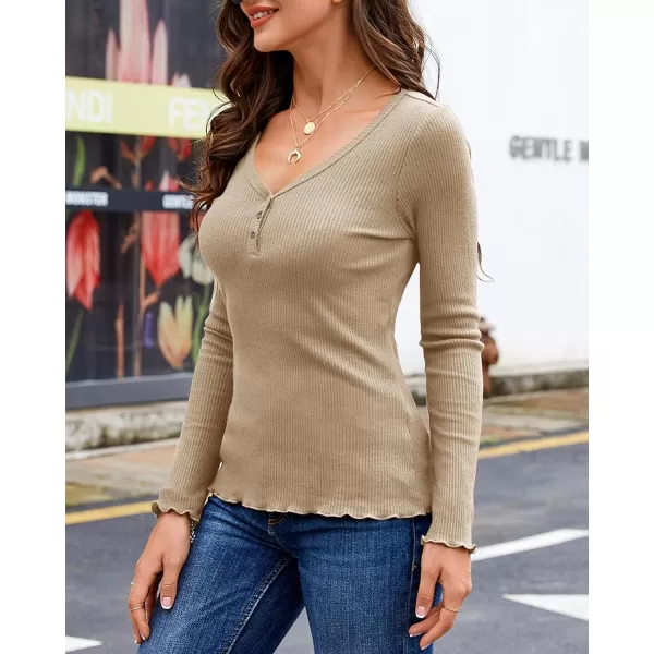 Saodimallsu Womens Henley Shirts Long Sleeve V Neck Button Down Casual Plain T Shirt Tops Blouse TeeDark Khaki