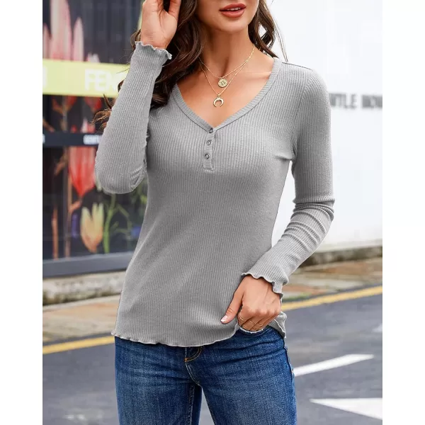 Saodimallsu Womens Henley Shirts Long Sleeve V Neck Button Down Casual Plain T Shirt Tops Blouse TeeGrey